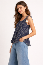Navy Blue Floral Printed Tie-Shoulder Top