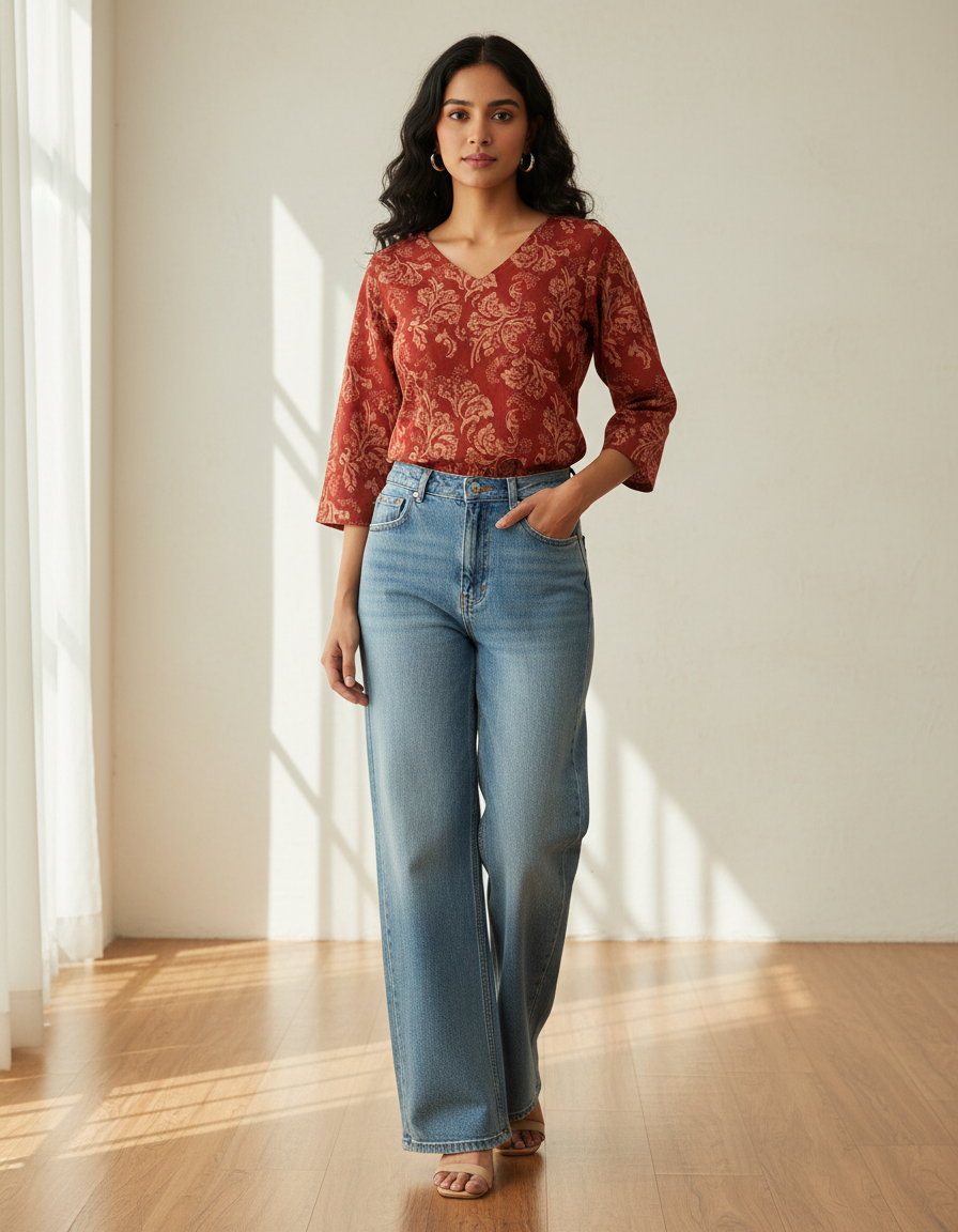 Rust Brown Paisley Printed V-Neck Top