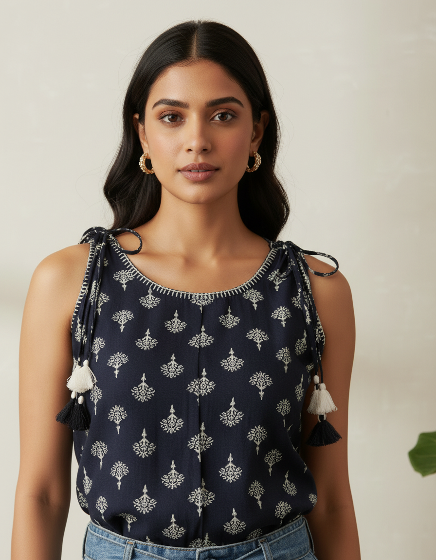 Midnight Motif Tie-Shoulder Top