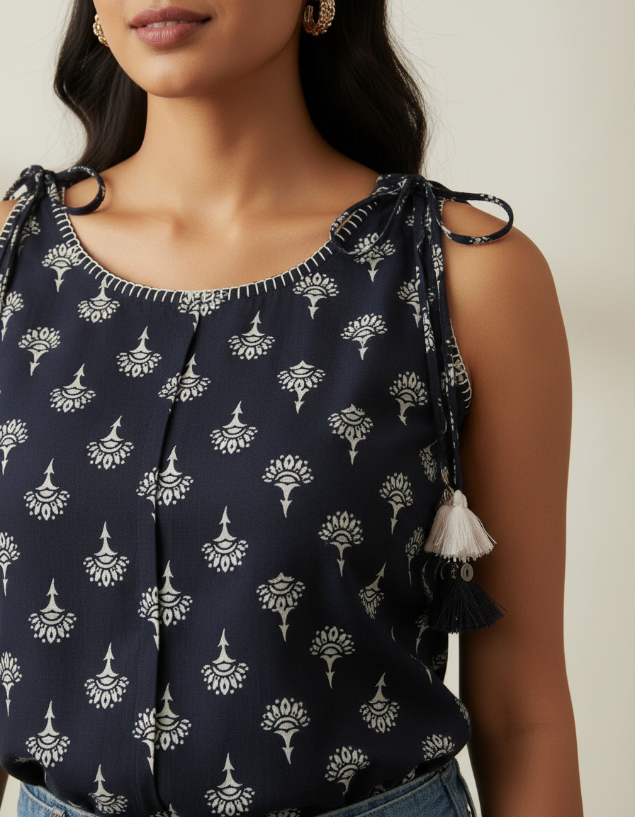 Midnight Motif Tie-Shoulder Top