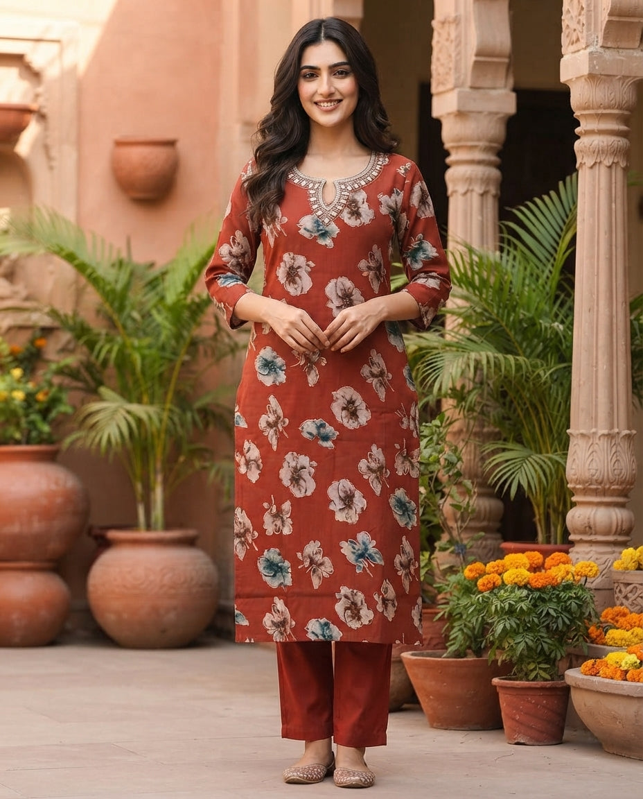 Terracotta Bloom Printed Kurti Set