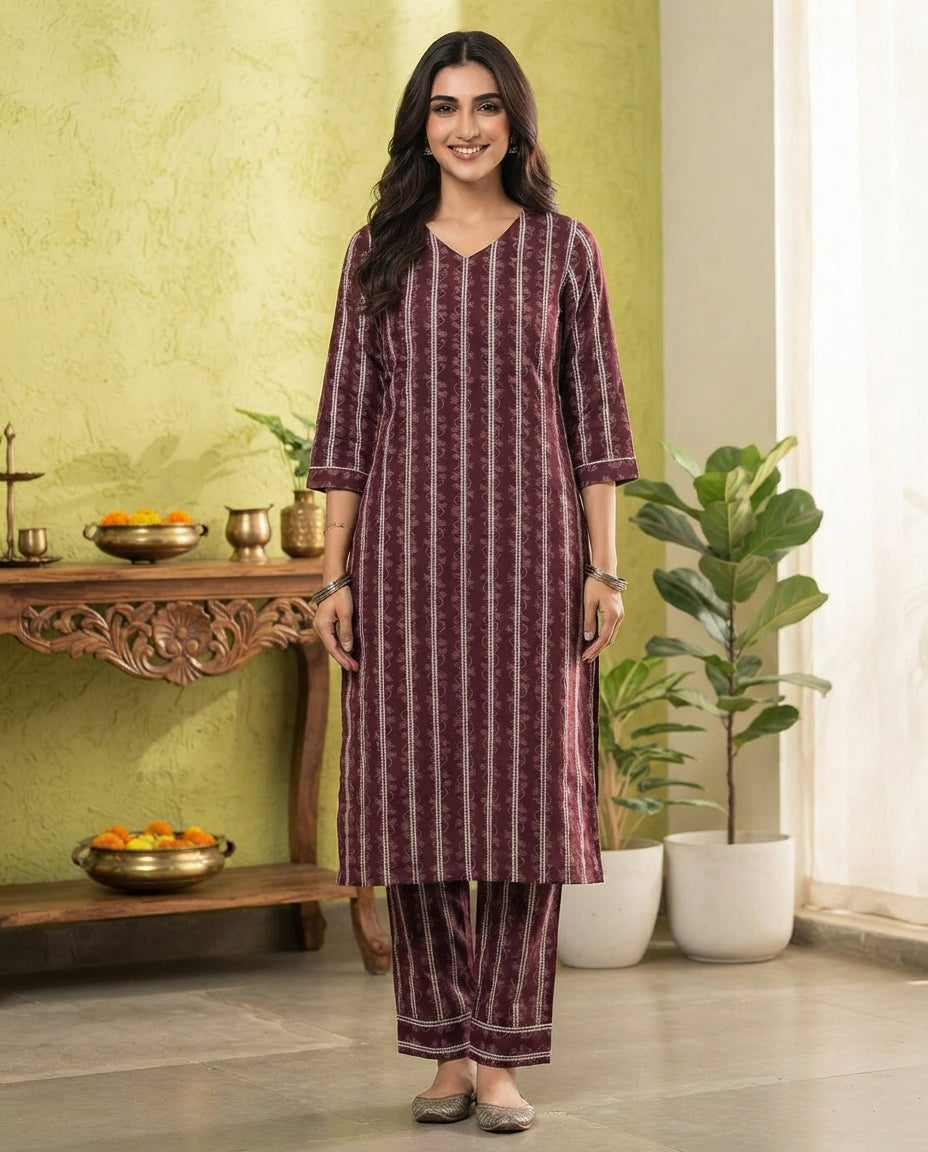 Burgundy Vine Stripe Kurti Set