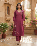 Berry Bloom Embroidered Kurti Set