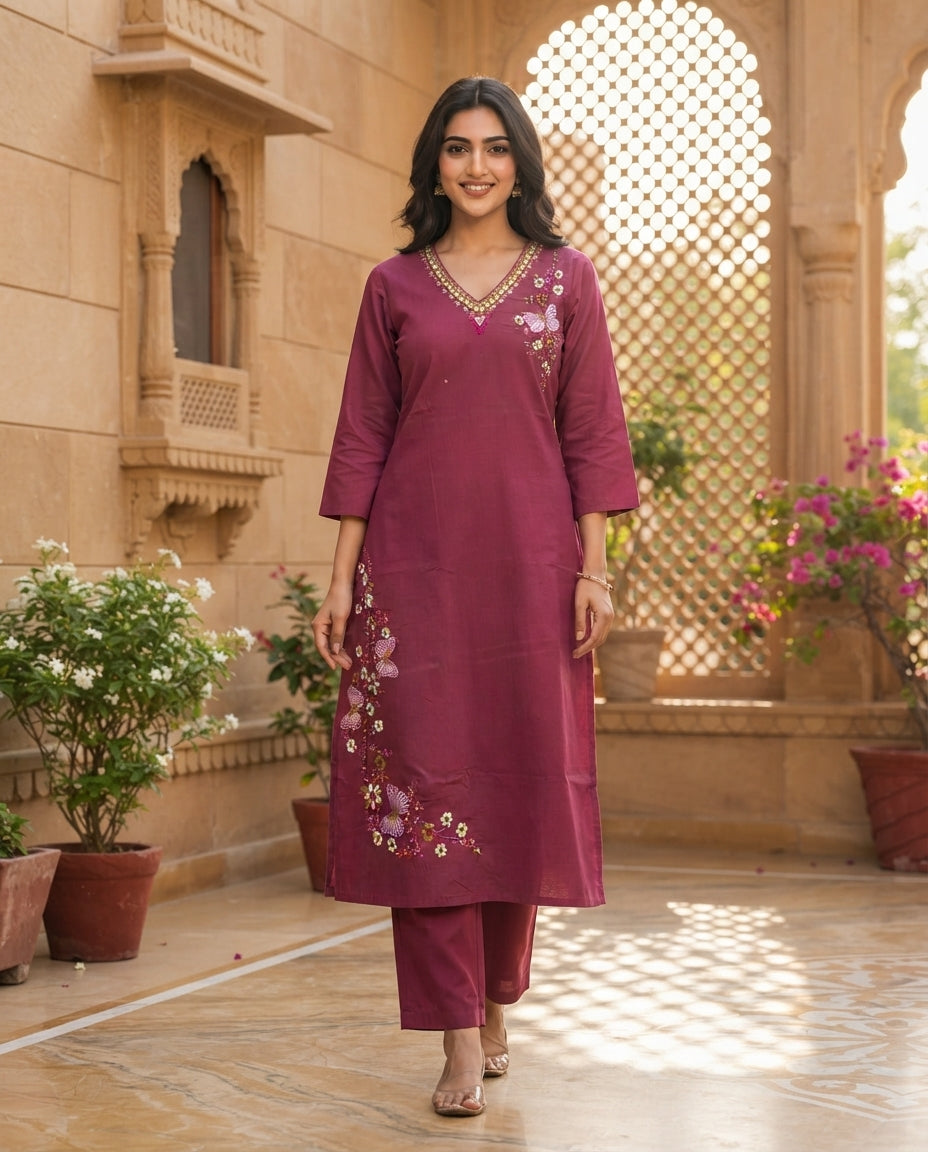 Berry Bloom Embroidered Kurti Set