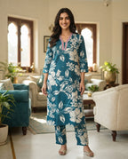 Teal Gardenia Floral Kurti Set