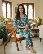 Teal Gardenia Floral Kurti Set