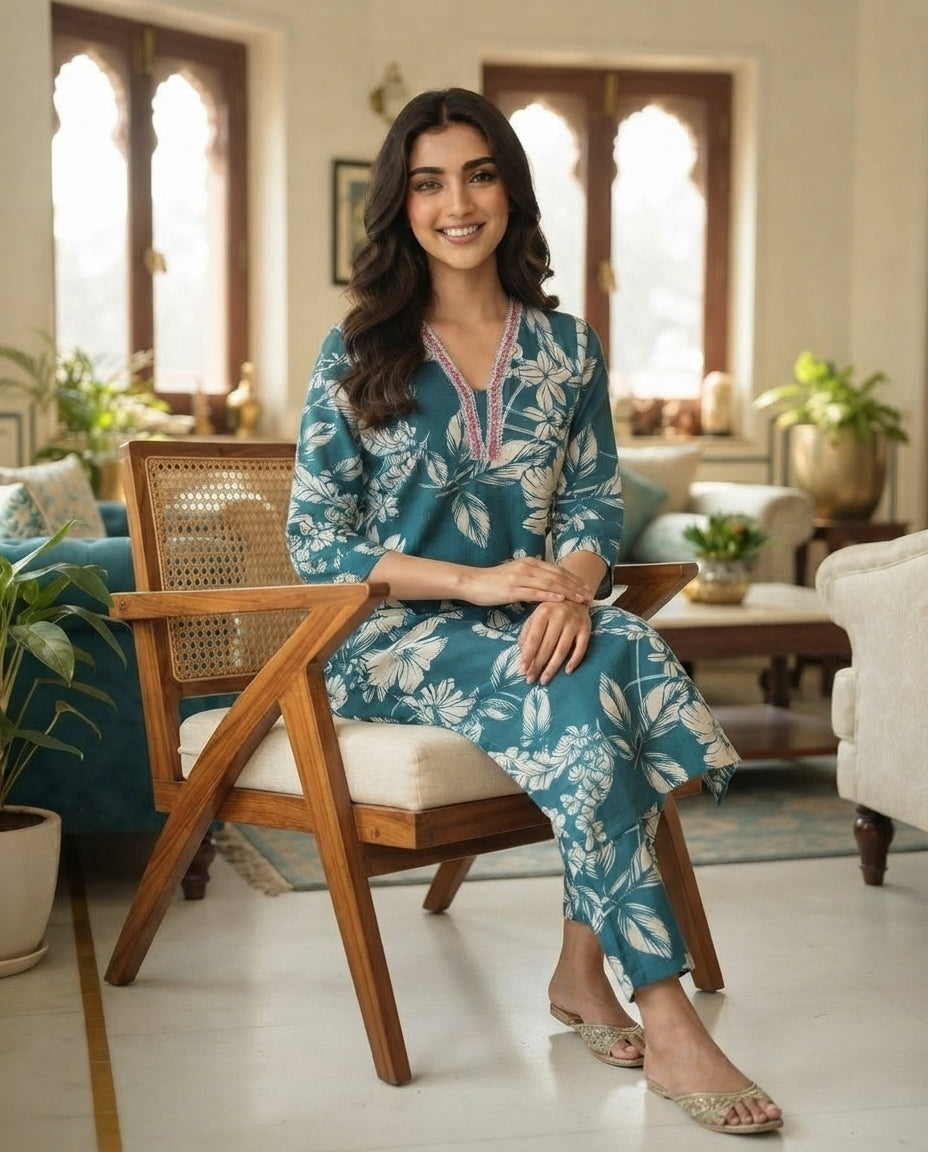 Teal Gardenia Floral Kurti Set