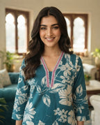 Teal Gardenia Floral Kurti Set
