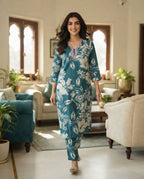 Teal Gardenia Floral Kurti Set