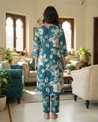 Teal Gardenia Floral Kurti Set