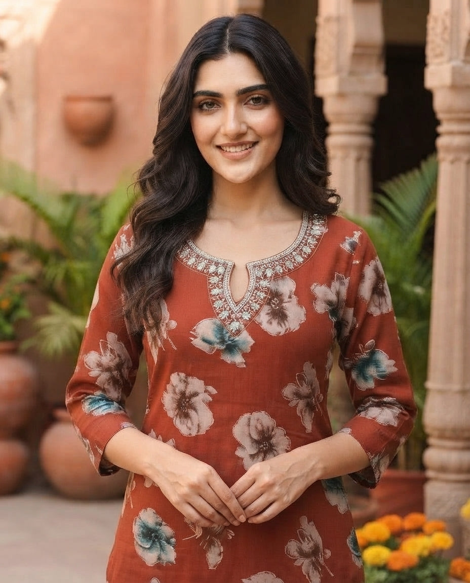 Terracotta Bloom Printed Kurti Set
