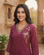 Berry Bloom Embroidered Kurti Set
