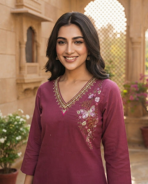 Berry Bloom Embroidered Kurti Set