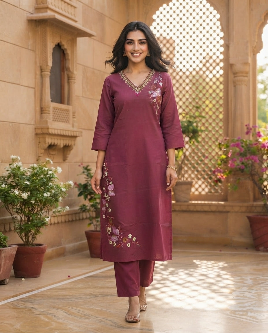 Berry Bloom Embroidered Kurti Set