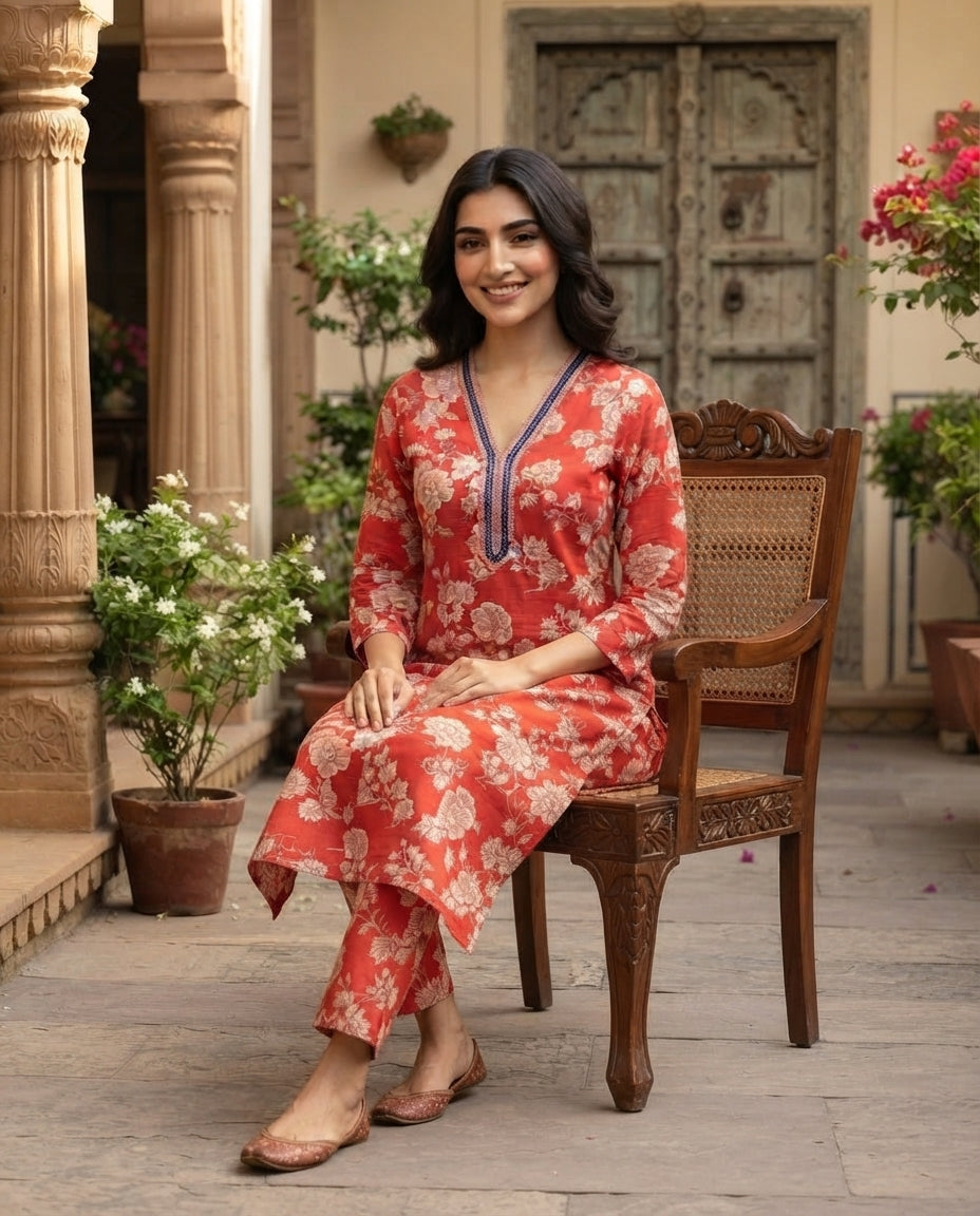 Coral Petal Luxe Kurti Set