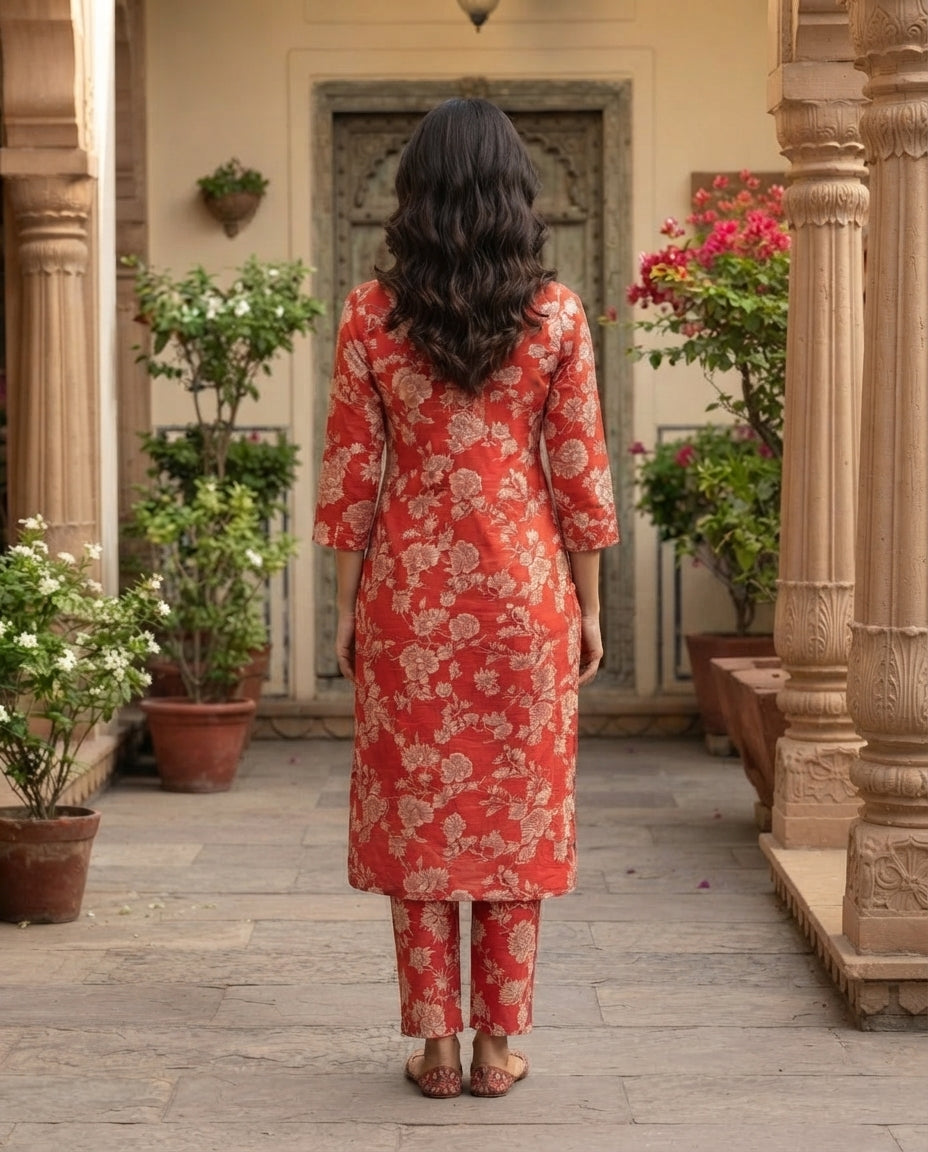 Coral Petal Luxe Kurti Set