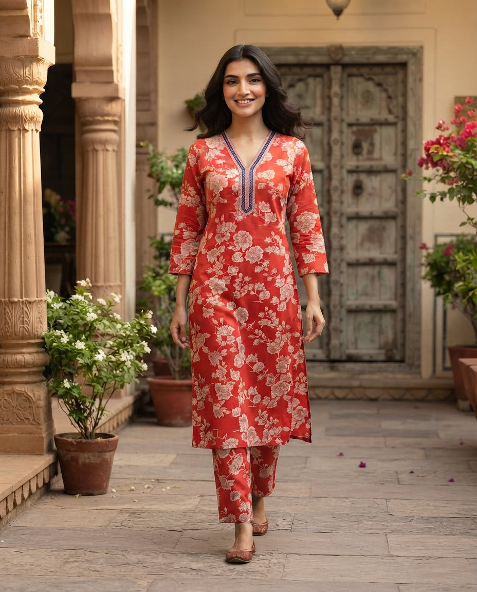 Coral Petal Luxe Kurti Set