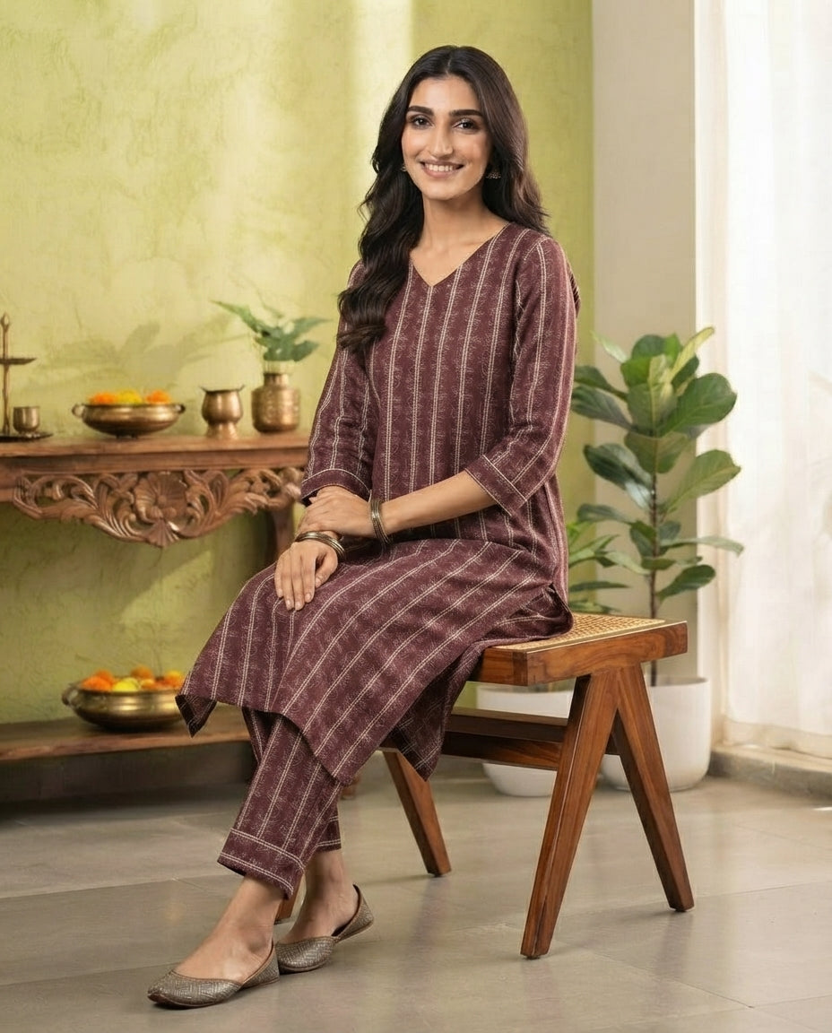Burgundy Vine Stripe Kurti Set