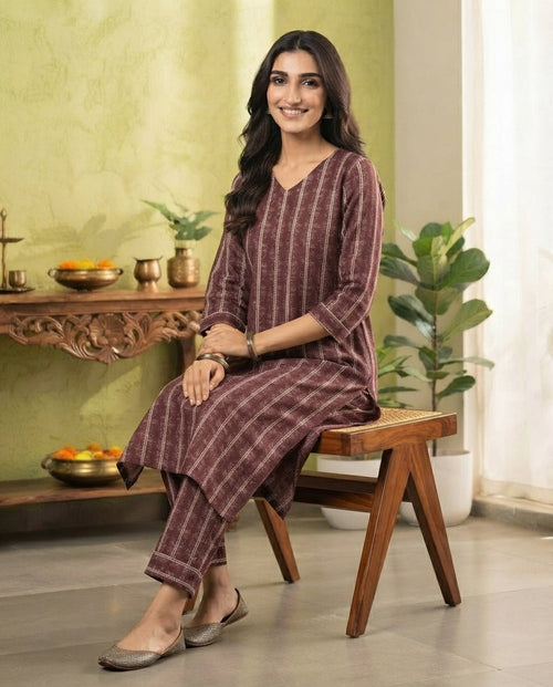 Burgundy Vine Stripe Kurti Set