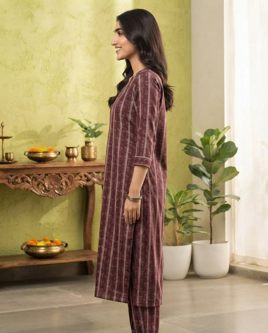 Burgundy Vine Stripe Kurti Set