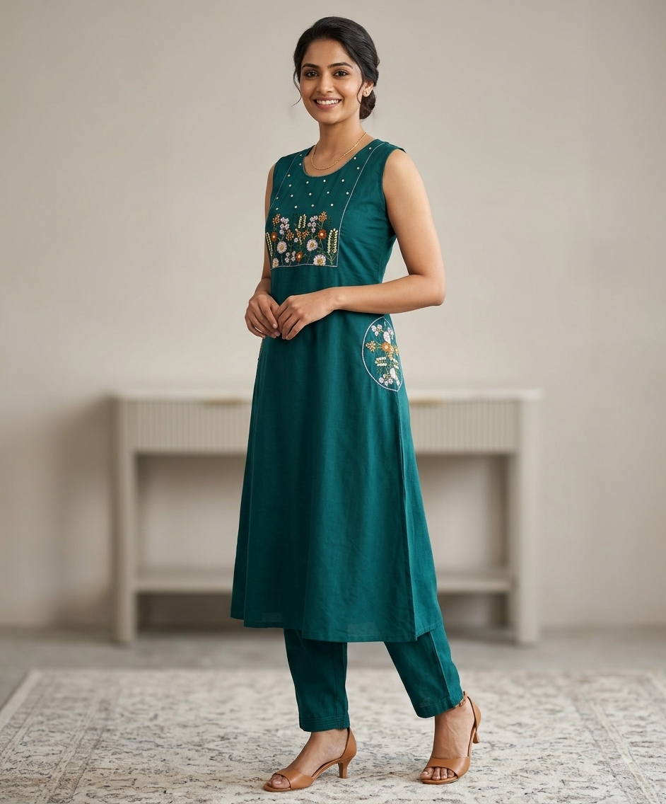 Teal Meadow Embroidered Kurti Set