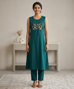 Teal Meadow Embroidered Kurti Set