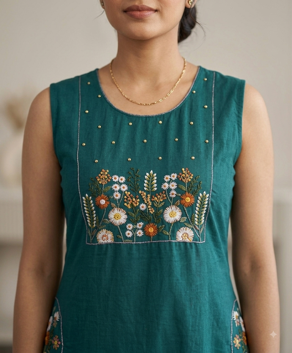 Teal Meadow Embroidered Kurti Set