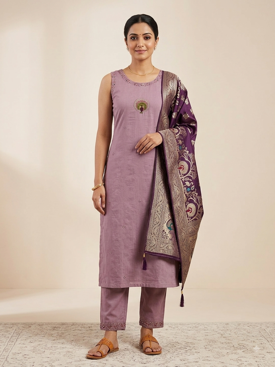 Lavender Royale Embroidered Kurti Set