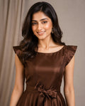 Chocolate Brown Satin Fit & Flare Dress with Waist Tie-Up