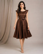 Chocolate Brown Satin Fit & Flare Dress with Waist Tie-Up