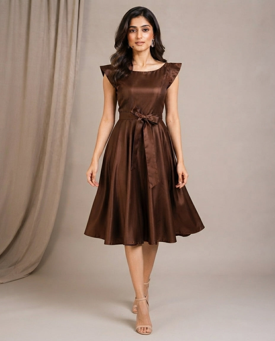 Chocolate Brown Satin Fit & Flare Dress with Waist Tie-Up