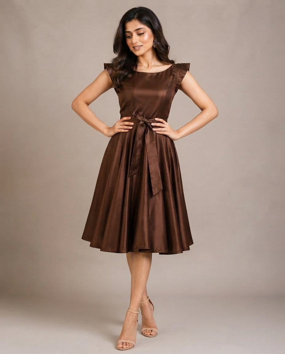 Chocolate Brown Satin Fit & Flare Dress with Waist Tie-Up