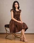 Chocolate Brown Satin Fit & Flare Dress with Waist Tie-Up
