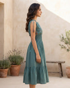 Teal Green Floral Embroidered Smocked Midi Dress with Tassel Tie Straps