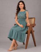 Teal Green Floral Embroidered Smocked Midi Dress with Tassel Tie Straps