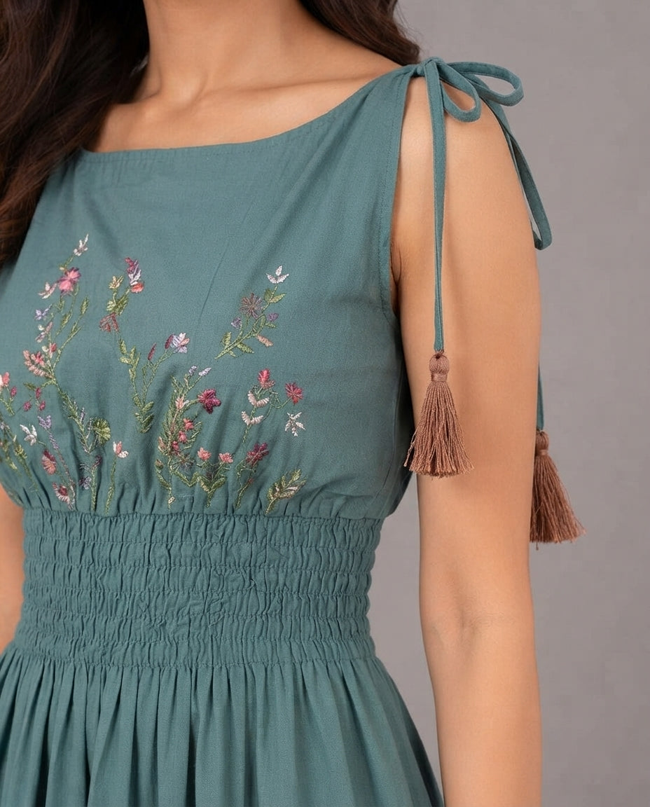 Teal Green Floral Embroidered Smocked Midi Dress with Tassel Tie Straps