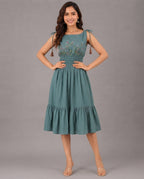 Teal Green Floral Embroidered Smocked Midi Dress with Tassel Tie Straps