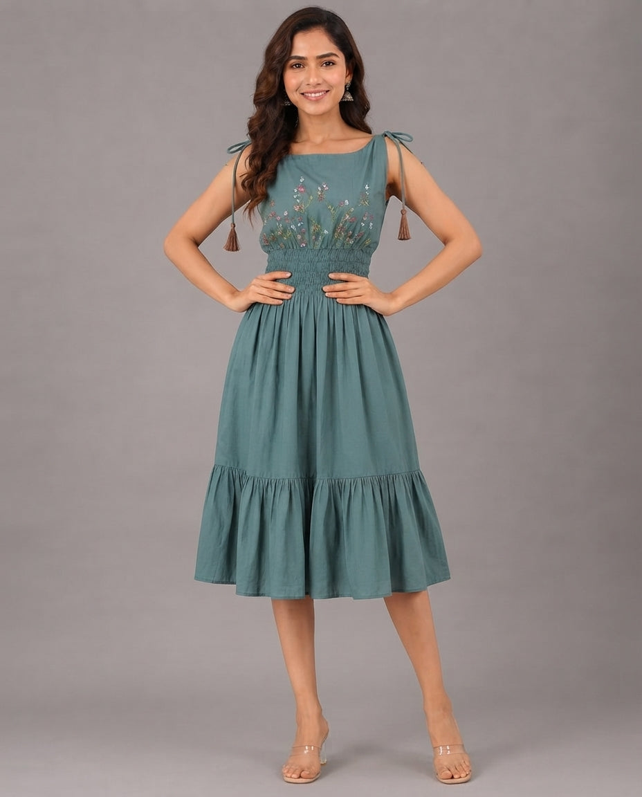 Teal Green Floral Embroidered Smocked Midi Dress with Tassel Tie Straps