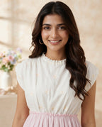 White Pink & Yellow Colorblock Tiered Midi Dress