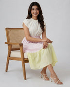 White Pink & Yellow Colorblock Tiered Midi Dress