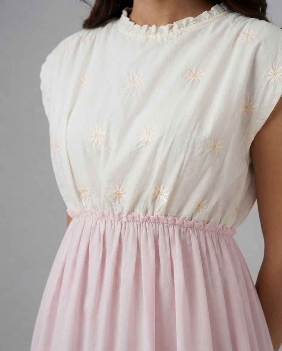 White Pink & Yellow Colorblock Tiered Midi Dress