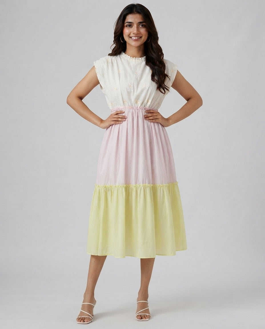White Pink & Yellow Colorblock Tiered Midi Dress