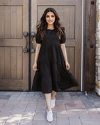 Black Ruffle Sleeve Tiered Midi Dress