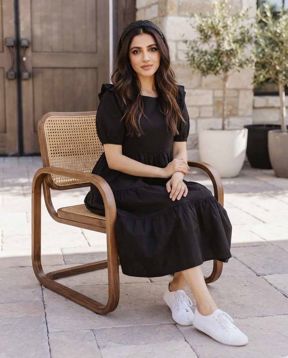 Black Ruffle Sleeve Tiered Midi Dress