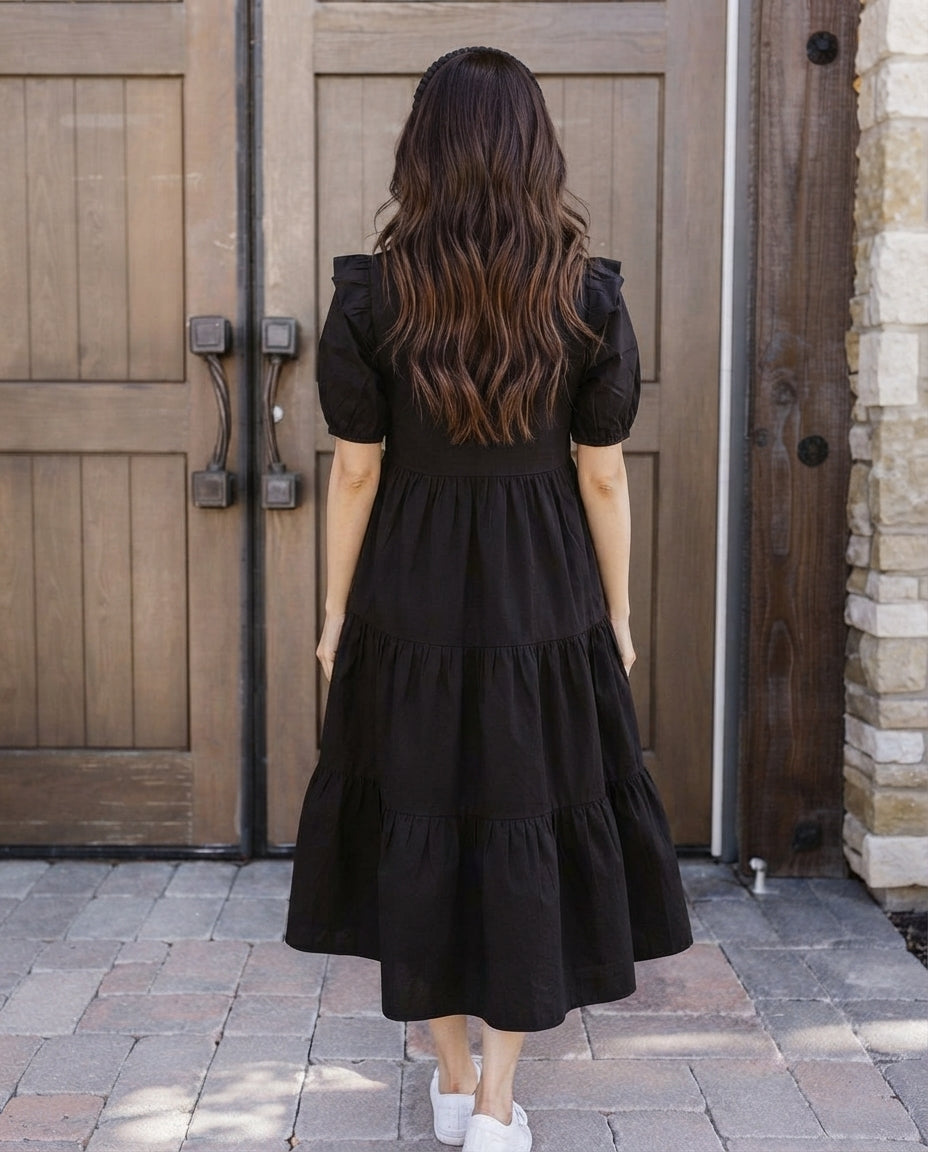 Black Ruffle Sleeve Tiered Midi Dress