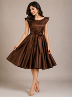 Chocolate Brown Satin Fit & Flare Dress with Waist Tie-Up