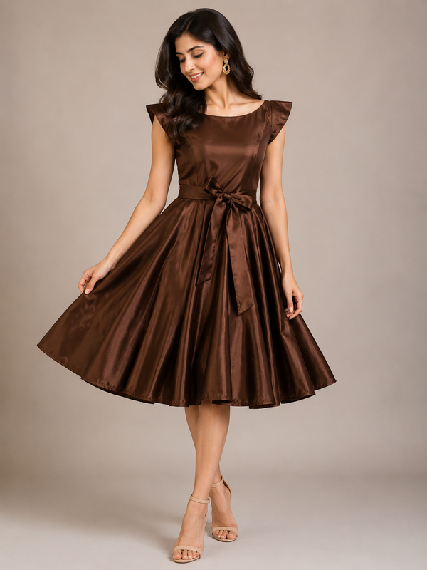 Satin Fit & Flare Dress with Waist Tie-Up