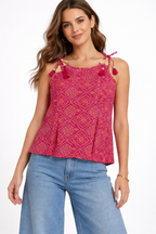 Pink Printed Tie-Shoulder Tassel Top