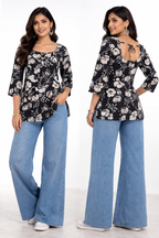 Black Floral Printed Round-Neck Top