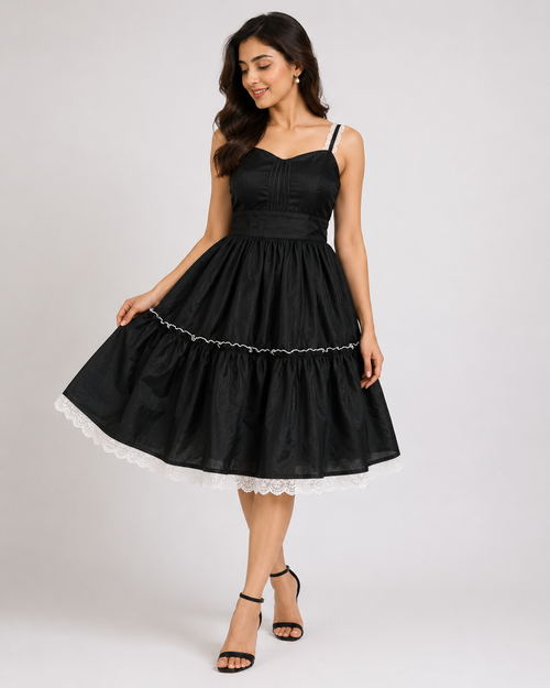 Black Fit & Flare Dress with Lace Trim Detailing
